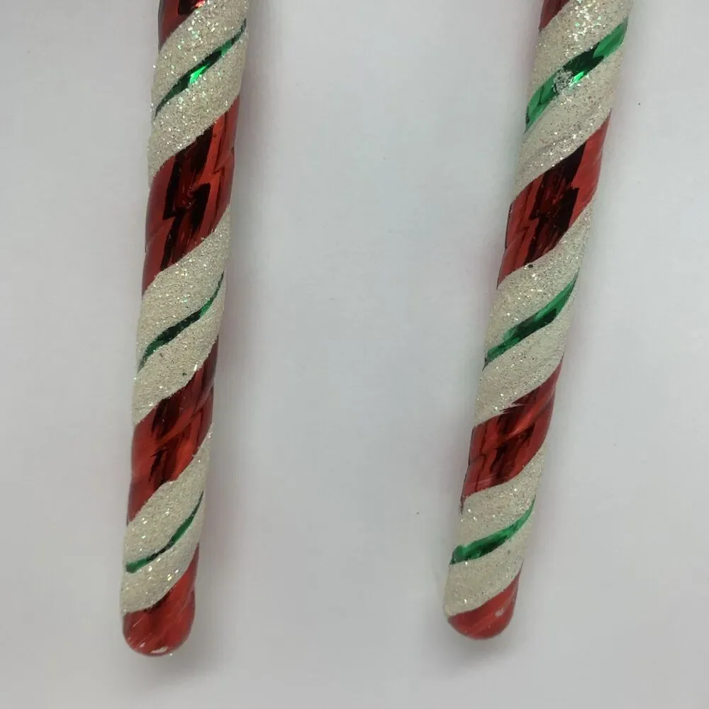 Glass Candy Cane Christmas Ornaments Lot Of 2 Glitter Holiday Decorations 7.5”